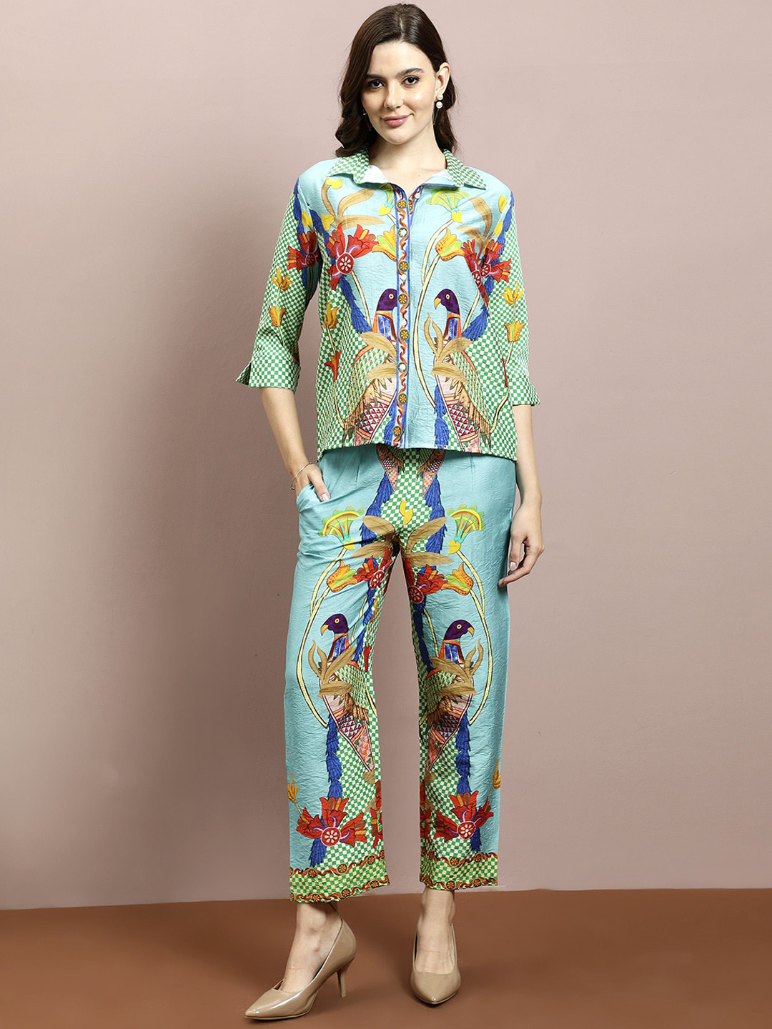 

Boho By Athena Floral Printed Shirt & Trousers, Green
