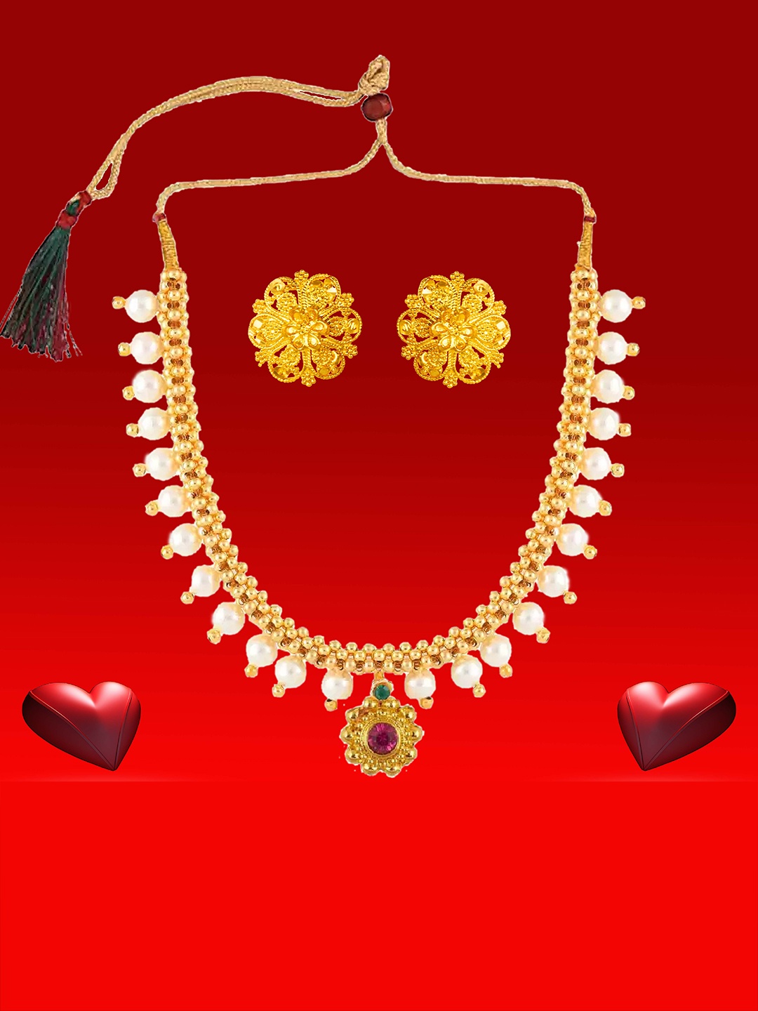 

Heer Collection Gold-Plated Stone-Studded & Beaded Jewellery Set