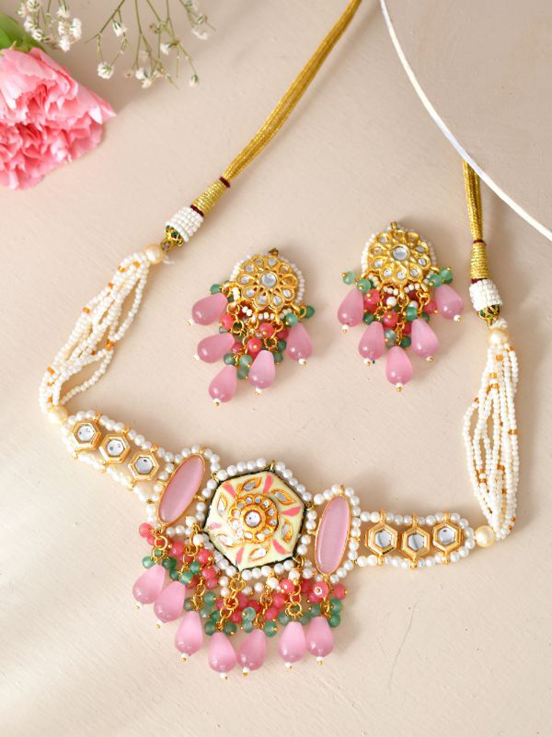 

DASTOOR Gold-Plated Stone-Studded & Beaded Jewellery Set