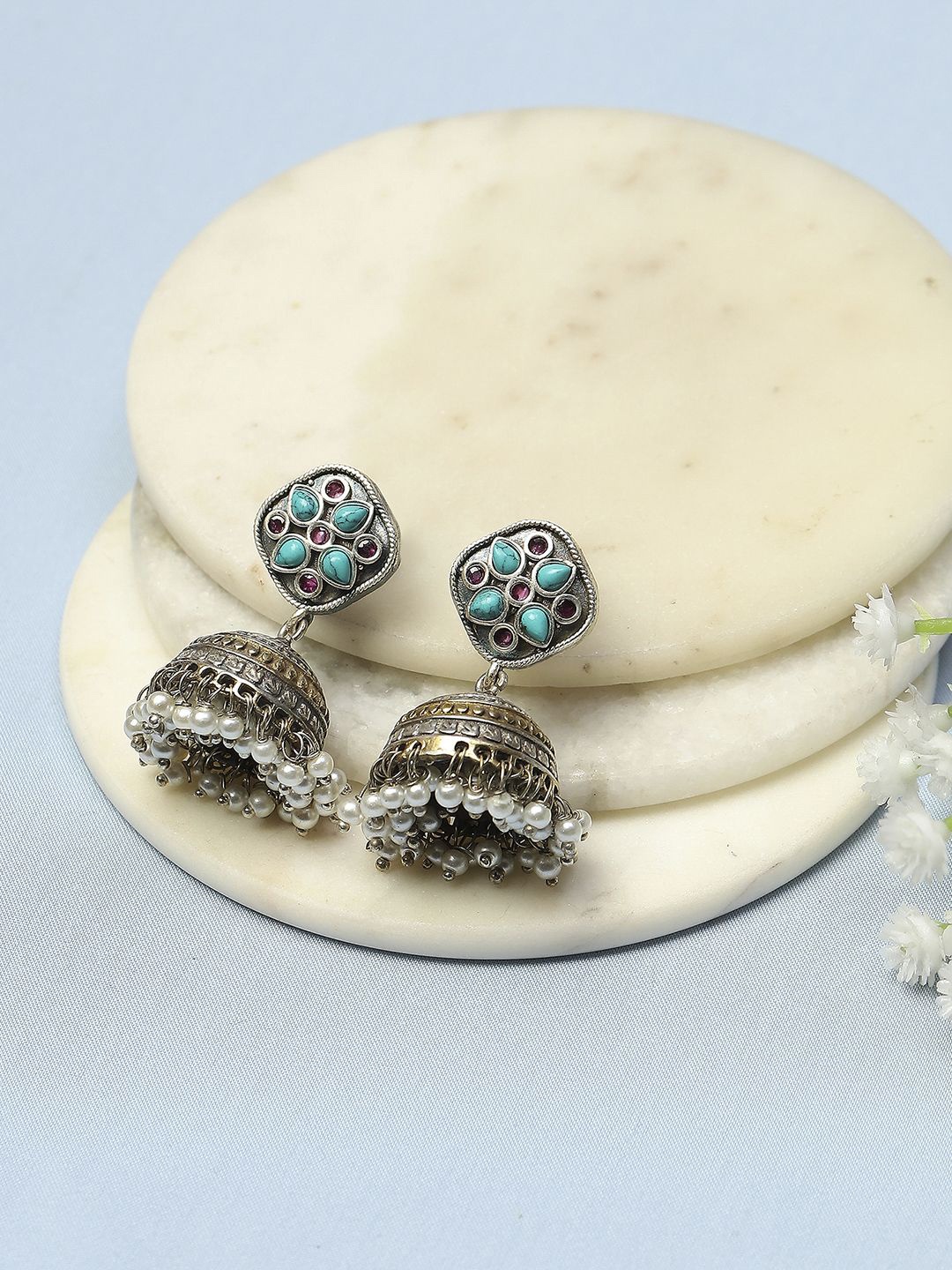 

Biba Stone Studded & Beaded Contemporary Oxidised Jhumkas, Blue