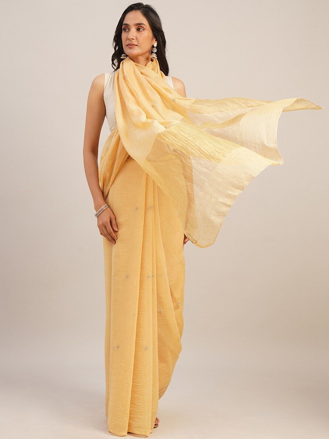 

JAYPORE Embellished Silk Cotton Saree, Beige