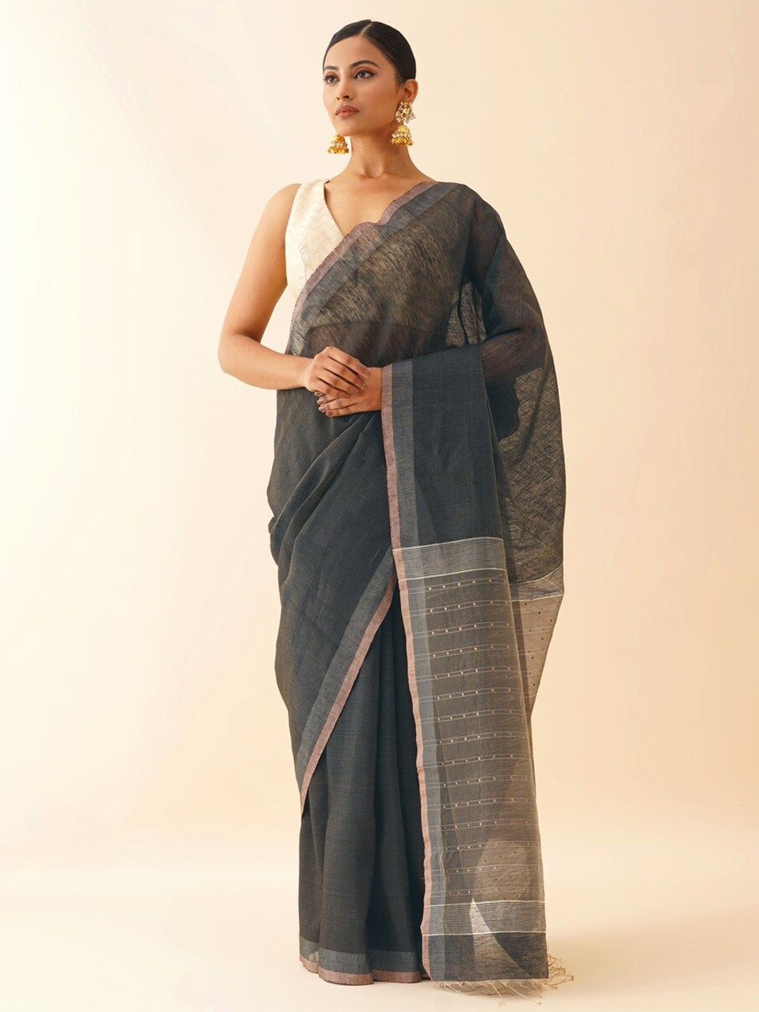 

JAYPORE Woven Design Zari Pure Silk Saree, Grey