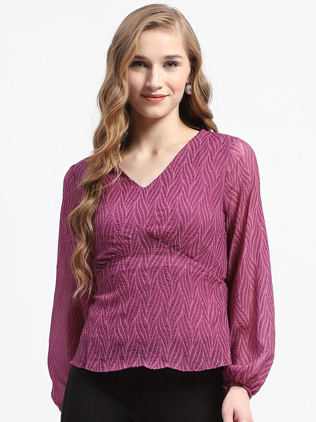

Madame Women Self Design V-Neck Top, Purple