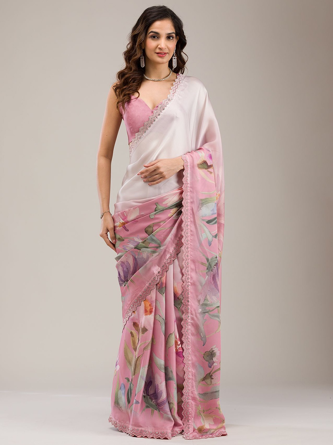 

Koskii Beads and Stones Pure Georgette Saree, Pink