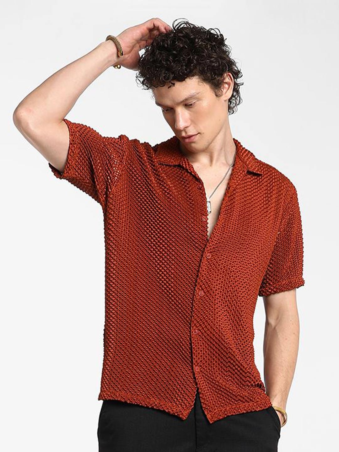 

Campus Sutra Men Comfort Spread Collar Textured Casual Shirt, Rust