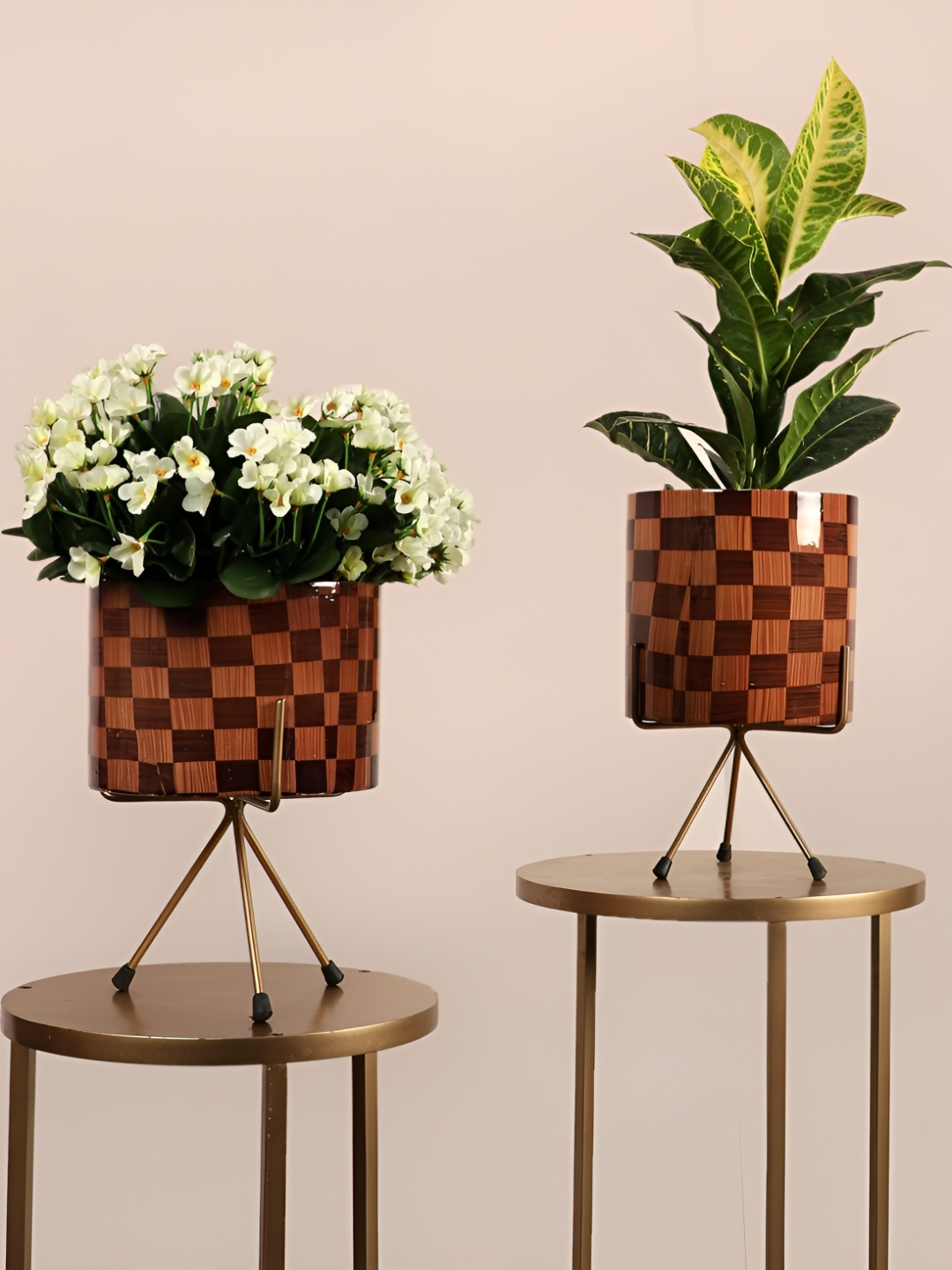 

pristine interiors 2 Pieces Beige & Brown Metal Checked Lorelei Planters