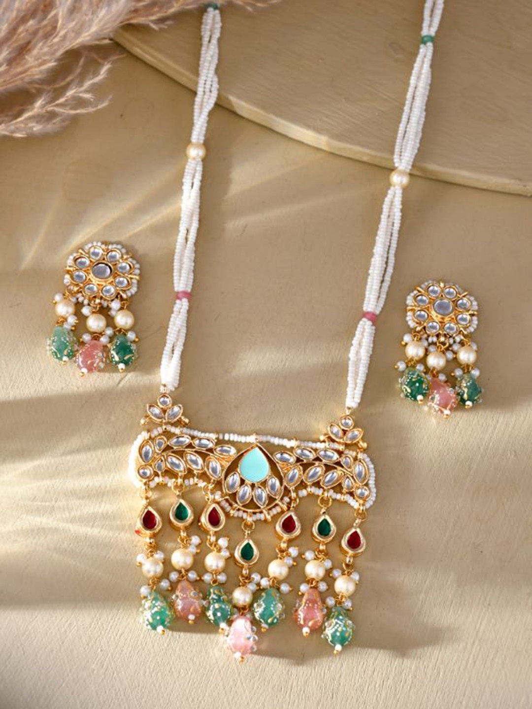 

DASTOOR Gold-Plated Stone-Studded & Beaded Necklace and Earrings