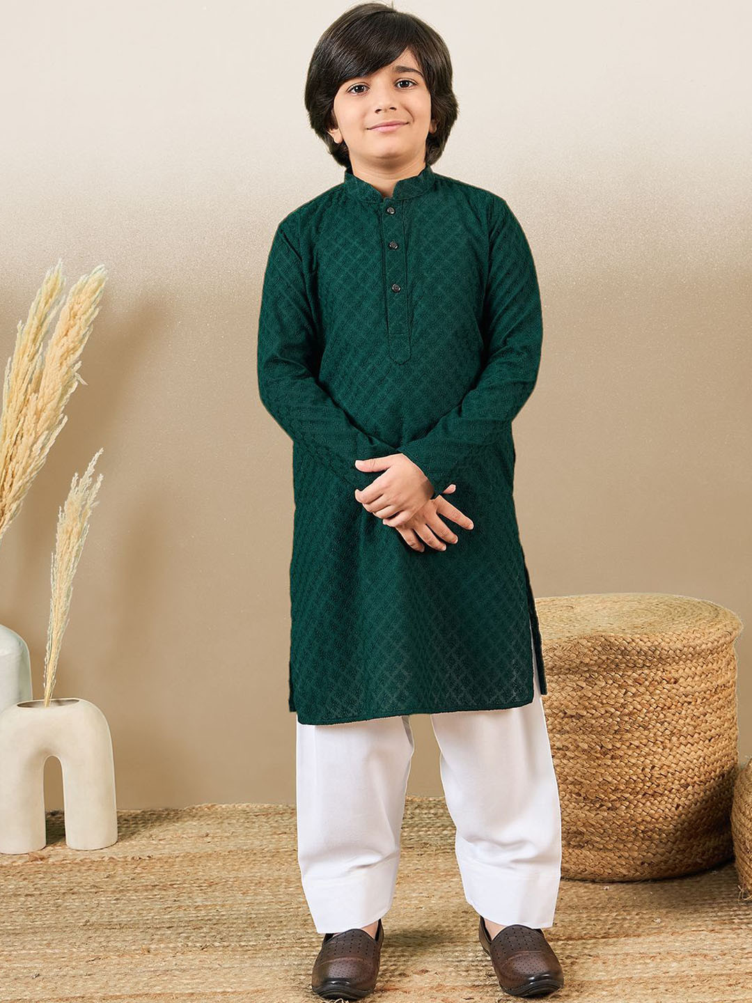 

YK Boys Floral Regular Chikankari Kurta with Patiala, Green