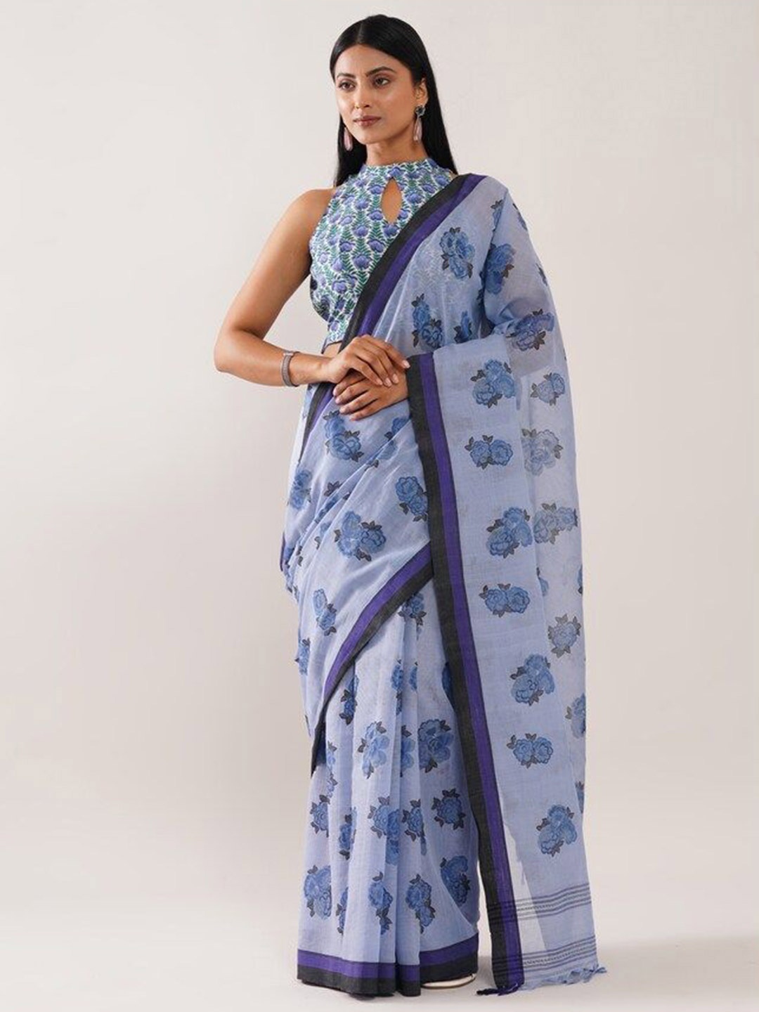 

JAYPORE Floral Pure Cotton Saree, Blue