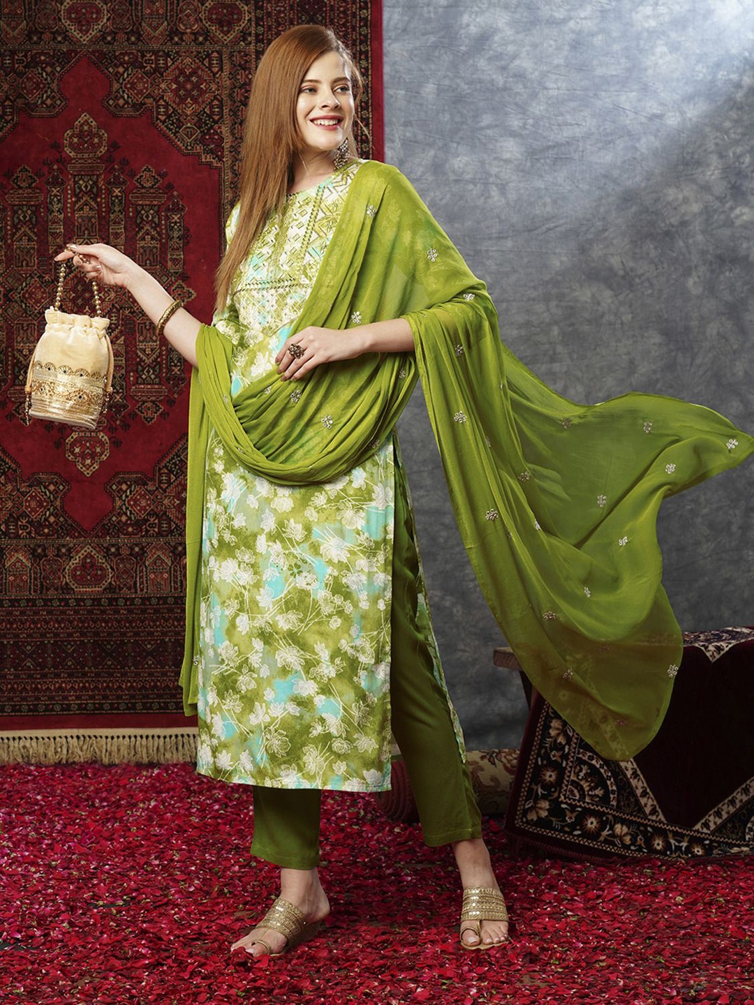 

Anni Designer Floral Embroidered Regular Straight Kurta with Trousers & Dupatta, Green