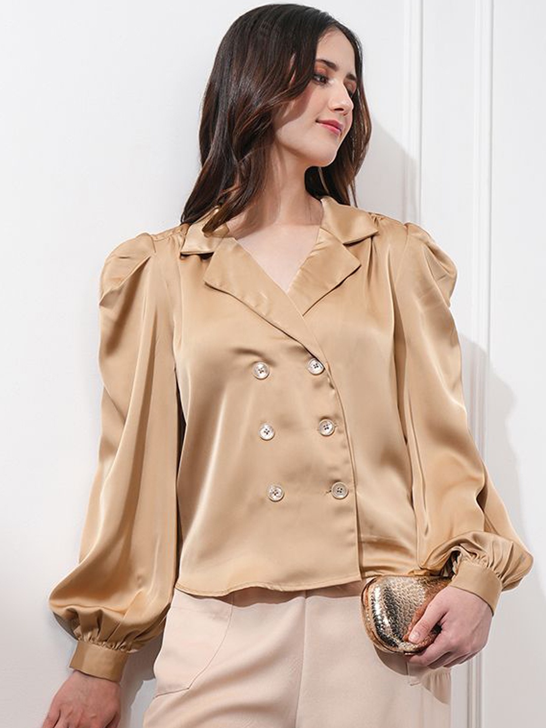 

CHIC BY TOKYO TALKIES Lapel Collar Puff Sleeves Satin Top, Brown