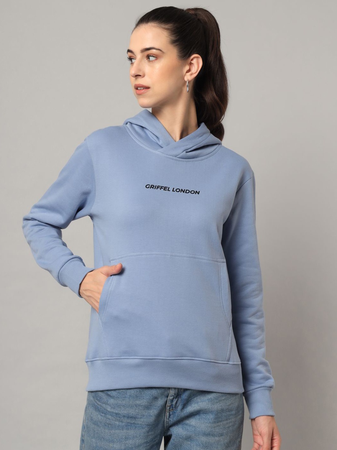 

GRIFFEL Women Typography Printed Hooded Sweatshirt, Blue