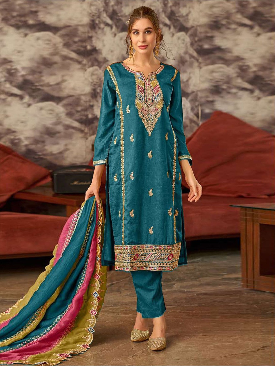 

ODETTE Ethnic Motifs Embroidered Semi-Stitched Kurta With Trousers & Dupatta, Teal