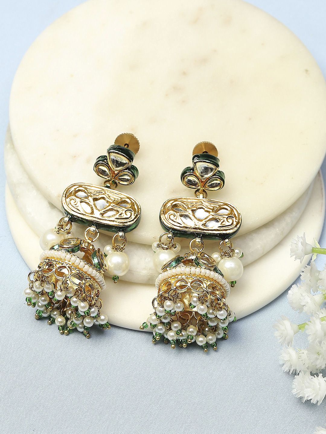 

Biba Gold Plated Artificial Stones & Beads Studded Contemporary Jhumkas, Green