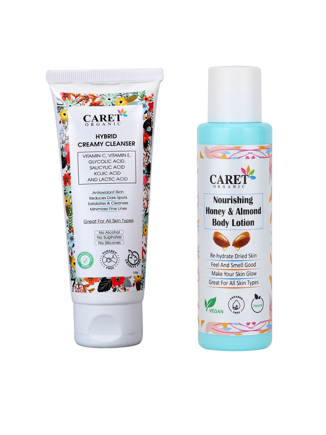 

CARET ORGANIC Hybrid Creamy Cleanser With Nourishing Almond Body Lotion, White