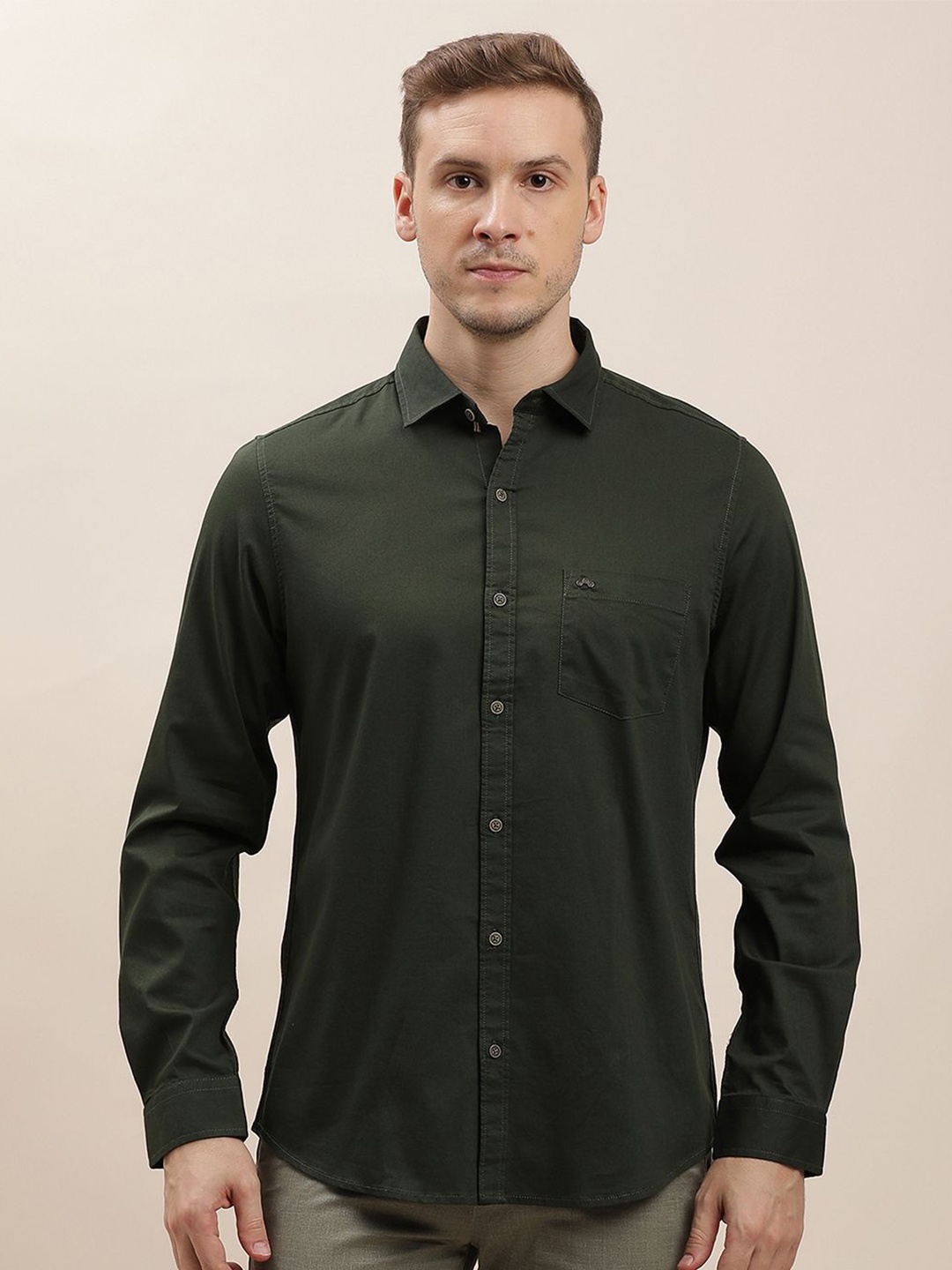 

Turtle Men Relaxed Spread Collar Solid Cotton Slim Fit Casual Shirt, Green