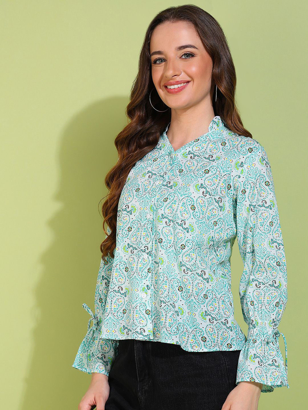 

DressBerry Women Ethnic Motifs Printed Mandarin Collar Pure Cotton Top, Blue