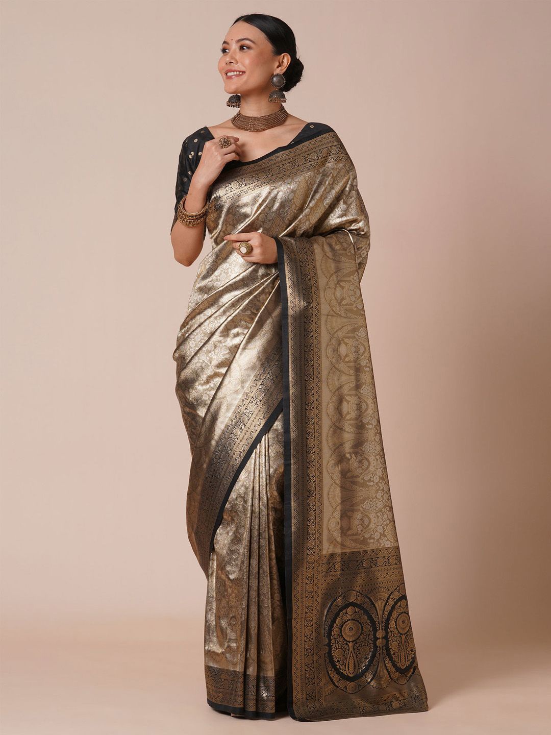 

House of Pataudi Woven Design Banarasi Saree With Blouse Piece, Black