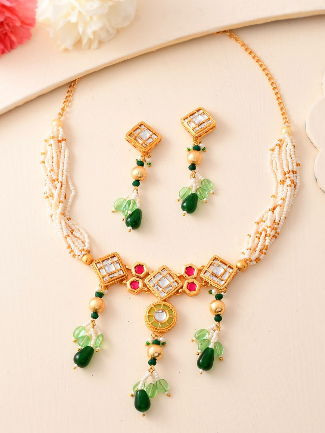 

DASTOOR Gold Plated Stone Studded & Beaded Jewellery Set