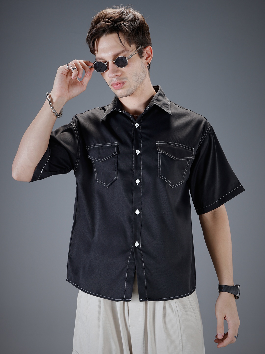 

SOKO STREET Relaxed Fit Drop-Shoulder Sleeves Casual Shirt, Black