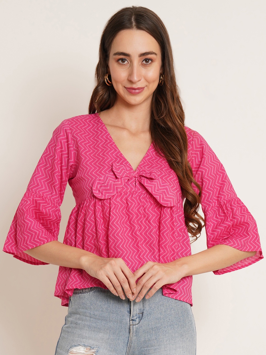 

COTLAND FASHION Chevron Printed Cotton Empire Crop Top, Pink