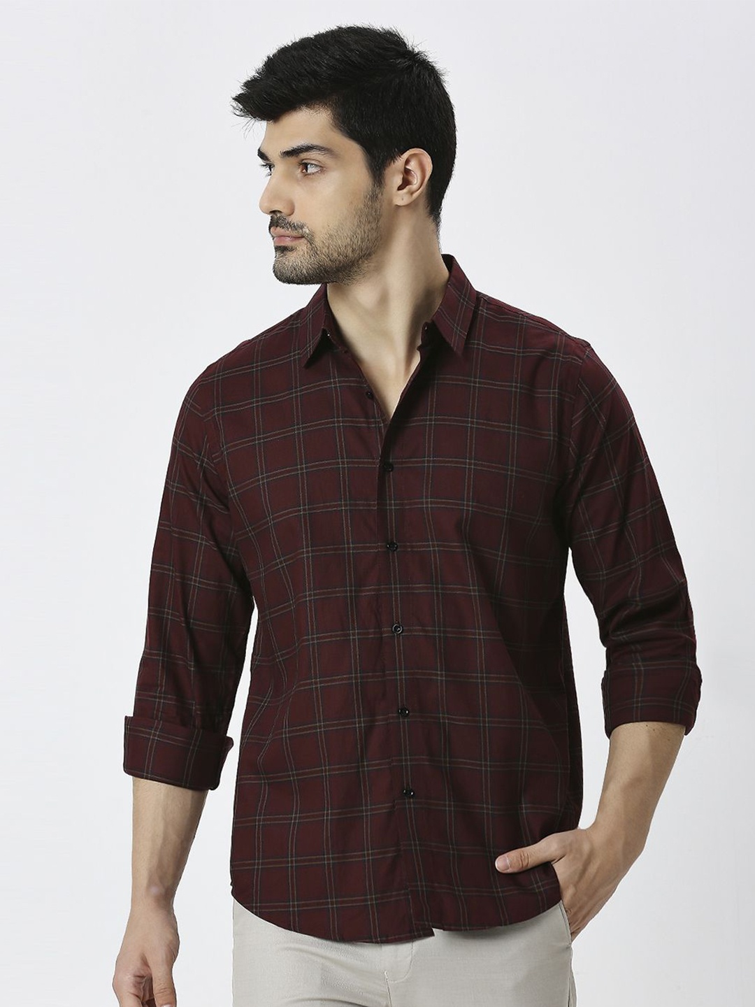 

MARK & ALBERT Men India Slim Spread Collar Checked Cotton Slim Fit Casual Shirt, Maroon