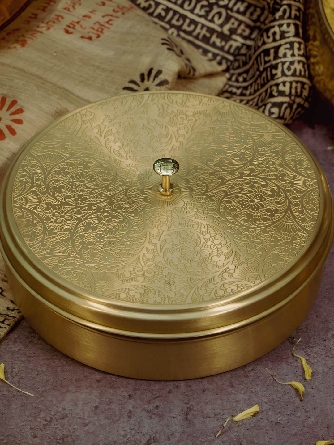 

Ambi Home Gold Toned 8 Pieces Textured Brass Spice Box With Spoon, Yellow