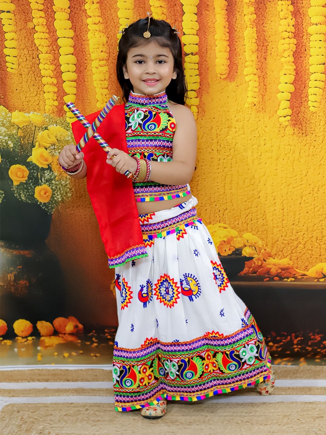 

BownBee Girls Embroidered Ready to Wear Cotton Lehenga & Blouse With Dupatta, White