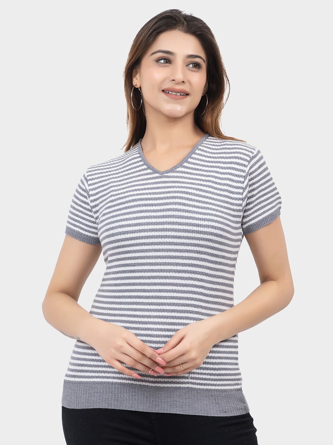 

LEZA Women Horizontal Striped V-Neck Cotton Top, Grey