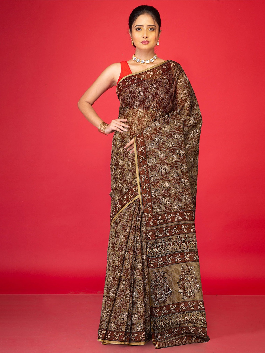 

Unnati Silks Ethnic Motifs Net Handloom Kota Saree and Blouse Piece, Olive