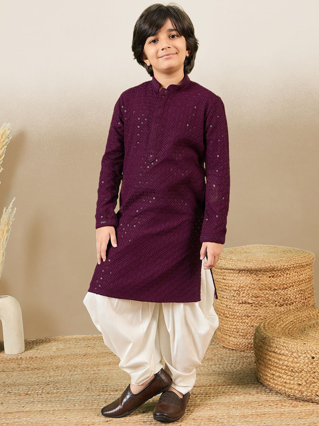 

YK Boys Ethnic Motifs Embroidered Regular Sequinned Kurta with Dhoti Pants, Purple