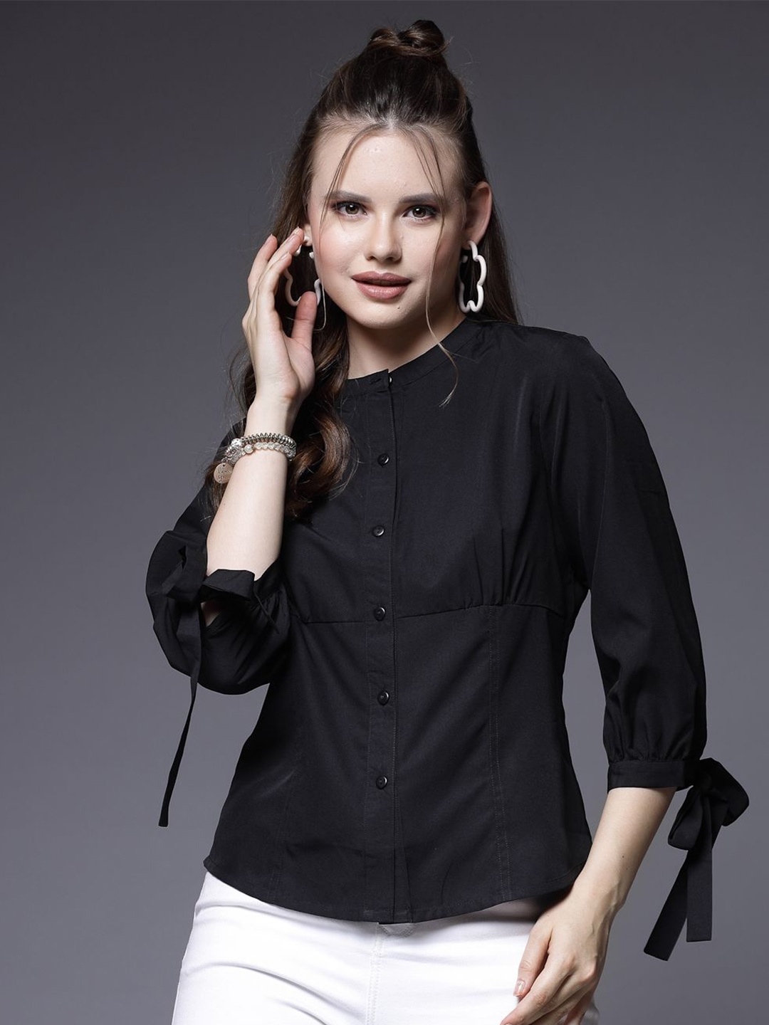 

BEING NAUGHTY Women Comfort Band Collar Solid Casual Shirt, Black