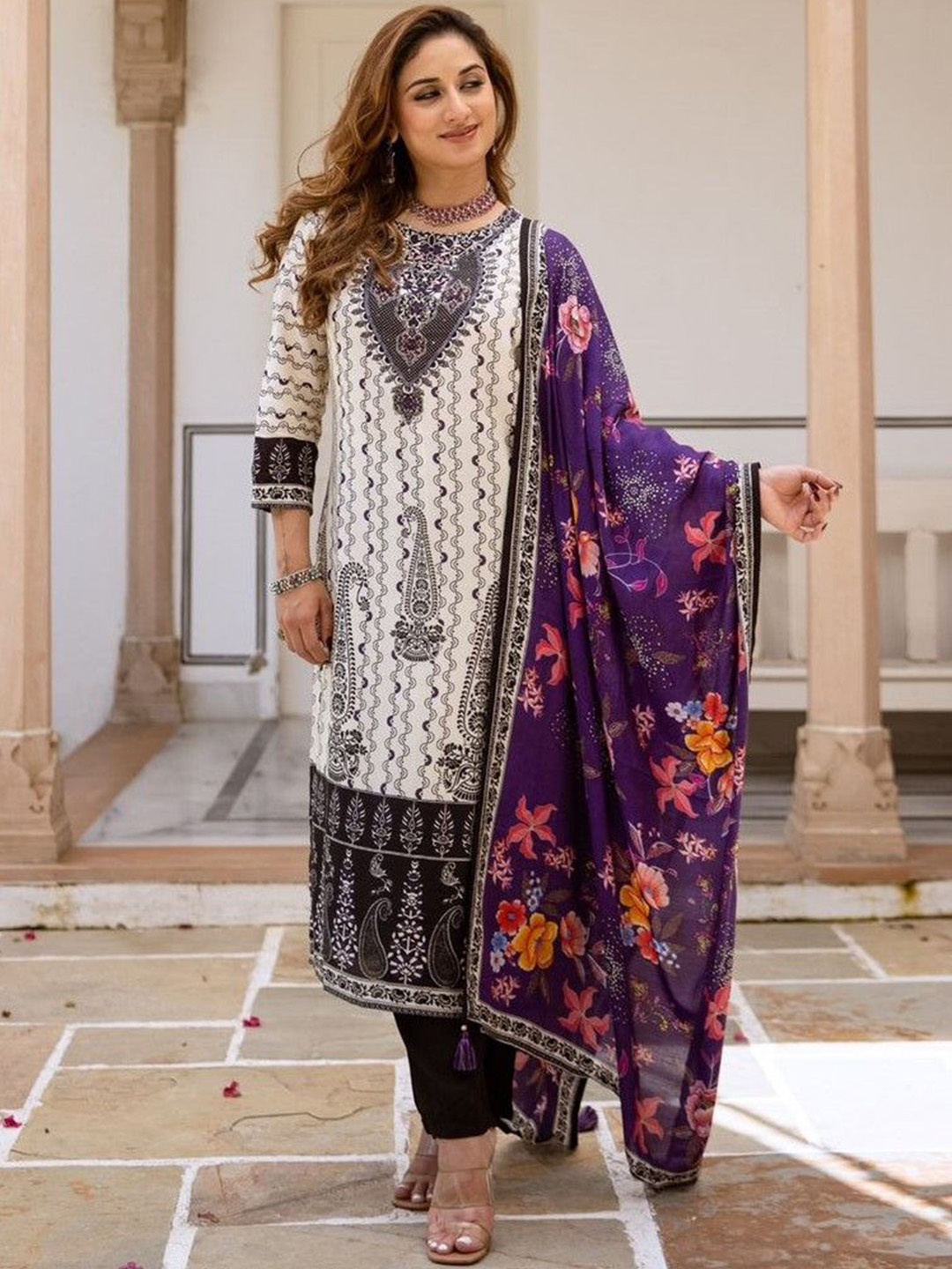 

Anouk Purple Ethnic Motifs Printed Straight Cotton Silk Kurta With Trousers & Dupatta, Black