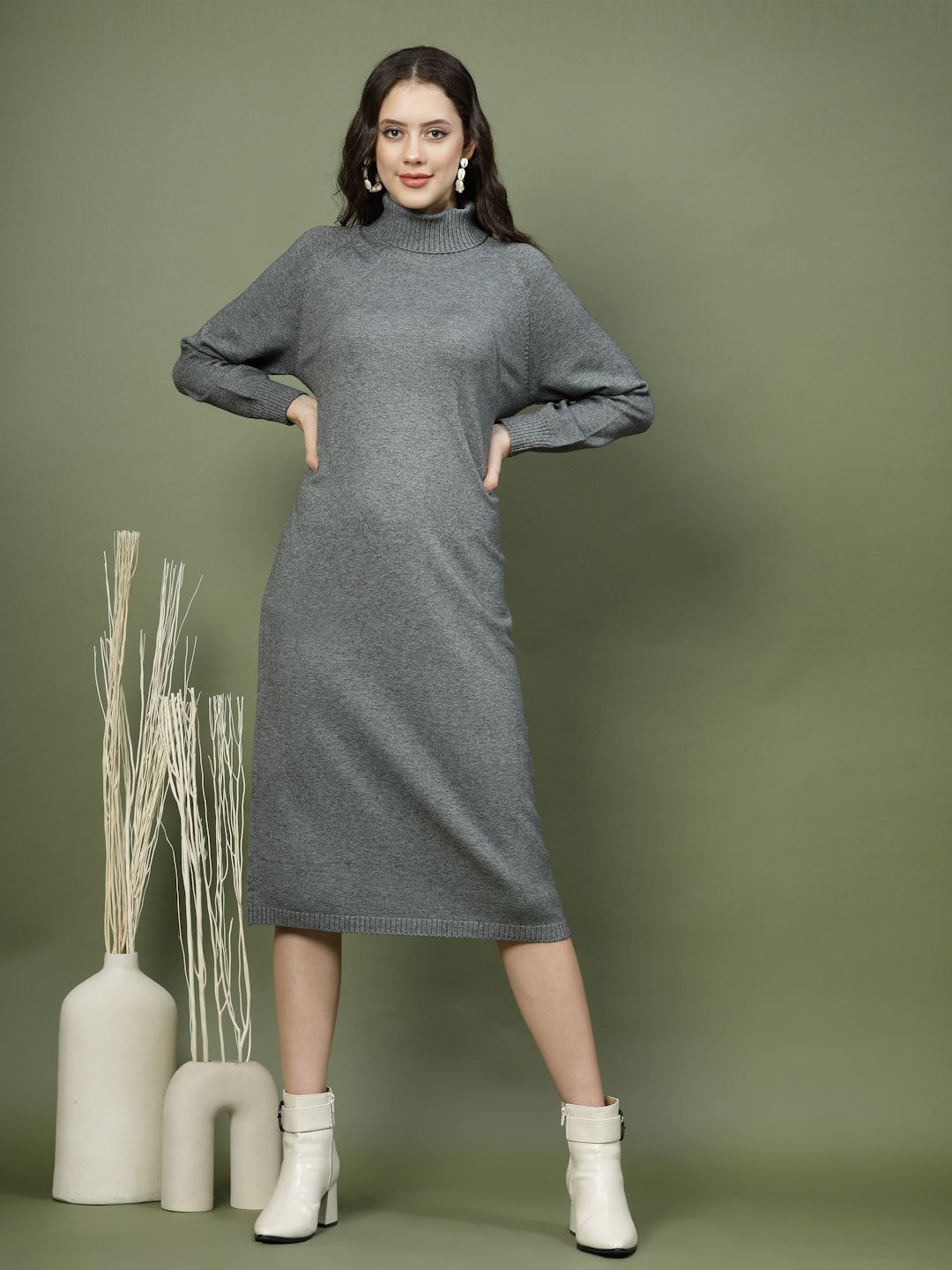

Mafadeny Women High Neck Cuffed Sleeves Bodycon Dress Come With Belt, Grey