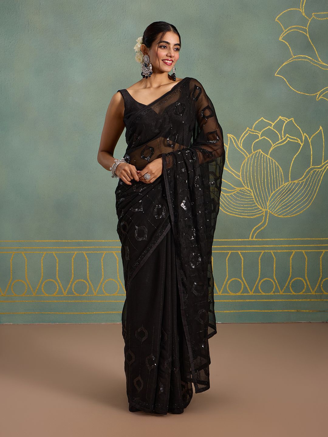 

Likha Beads and Stones Pure Chiffon Saree, Black