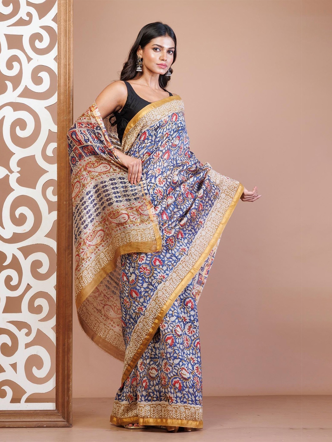 

Unnati Silks Ethnic Motifs Zari Handloom Chanderi Saree, Blue