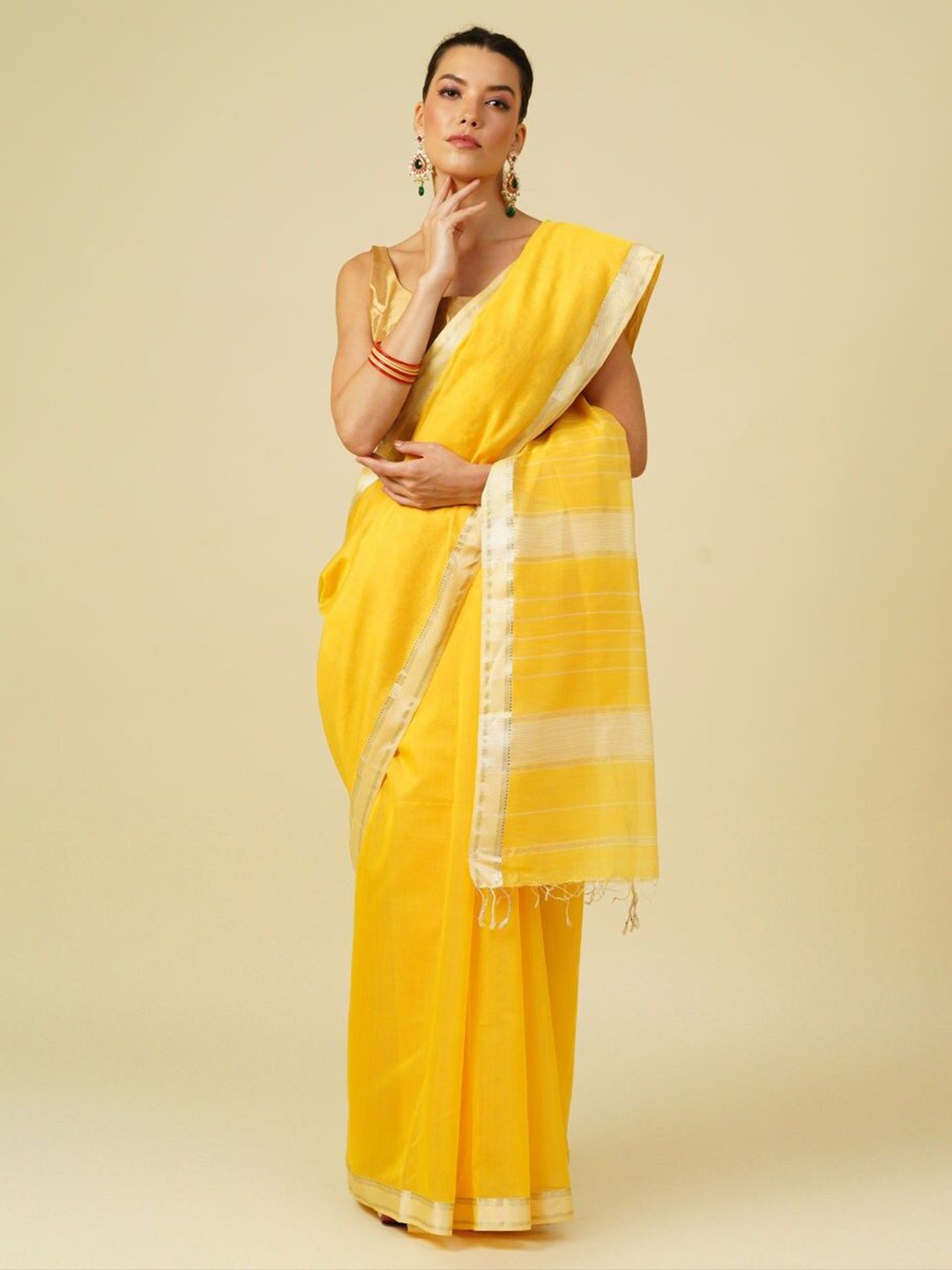 

JAYPORE Woven Design Zari Maheshwari Saree, Yellow