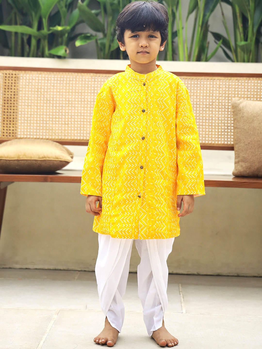 

Hoshi by A&T Boys Bandhani Printed Pure Cotton Kurta with Dhoti Pants, Yellow
