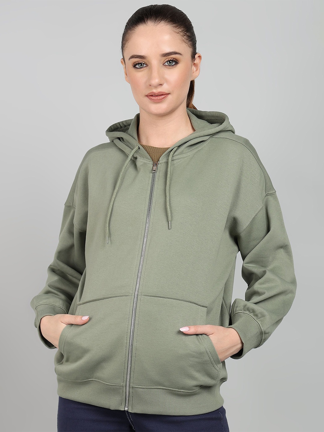 

Alan Jones Women Solid Hooded Oversized Sweatshirt, Green