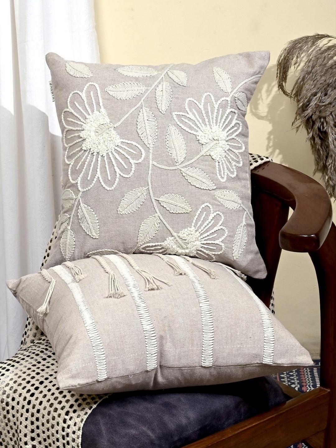 

ANWYN Beige & Off White 2 Pieces Embroidered Cotton Square Cushion Covers