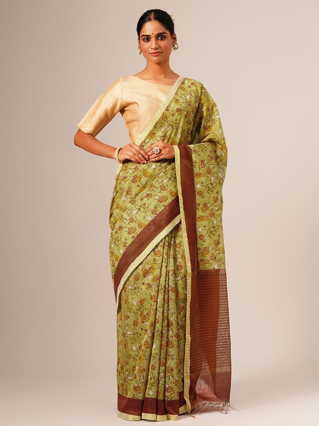 

JAYPORE Floral Pure Cotton Block Print Saree, Olive