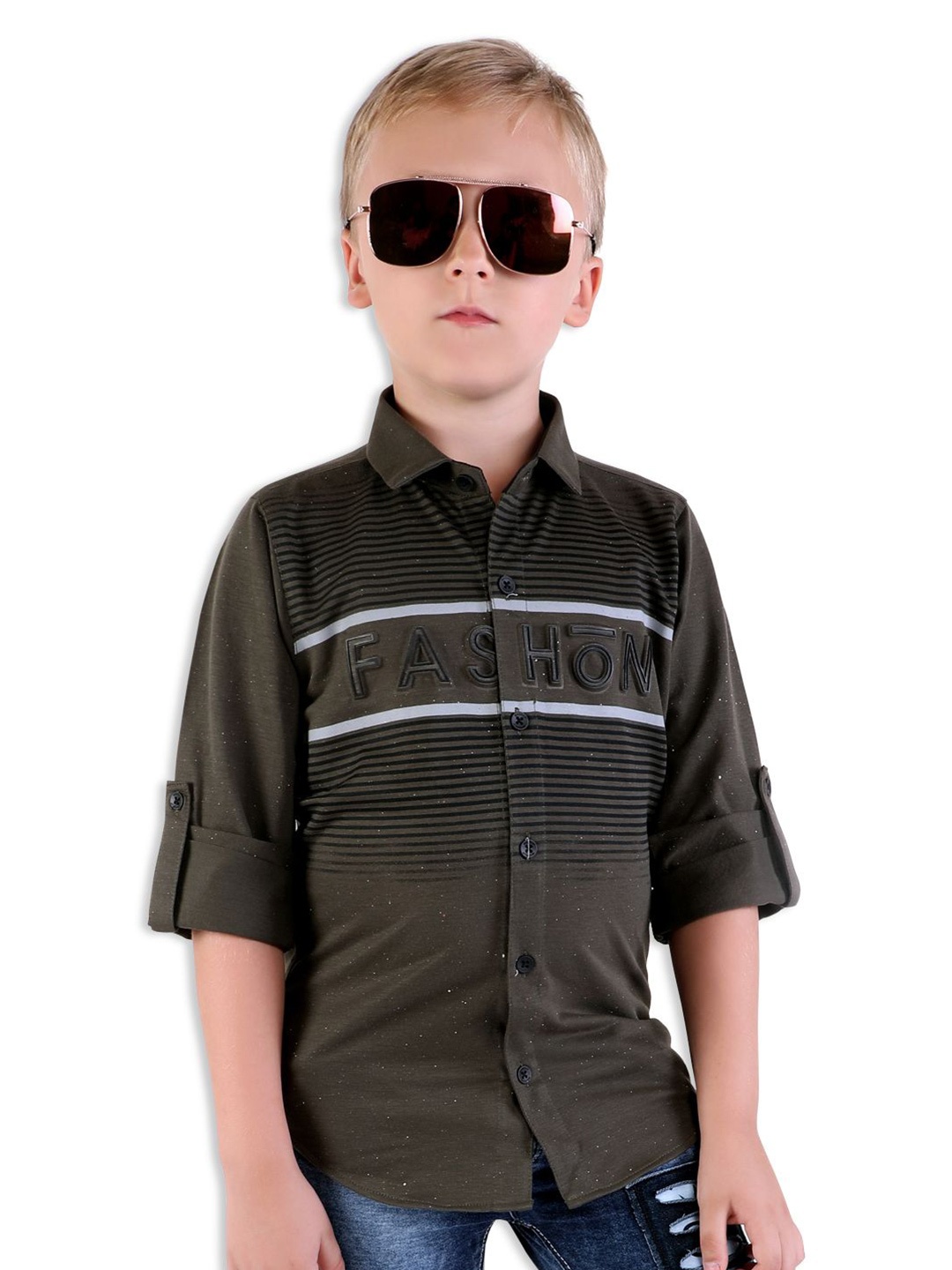 

MashUp Boys Classic Spread Collar Typography Printed Cotton Casual Shirt, Olive