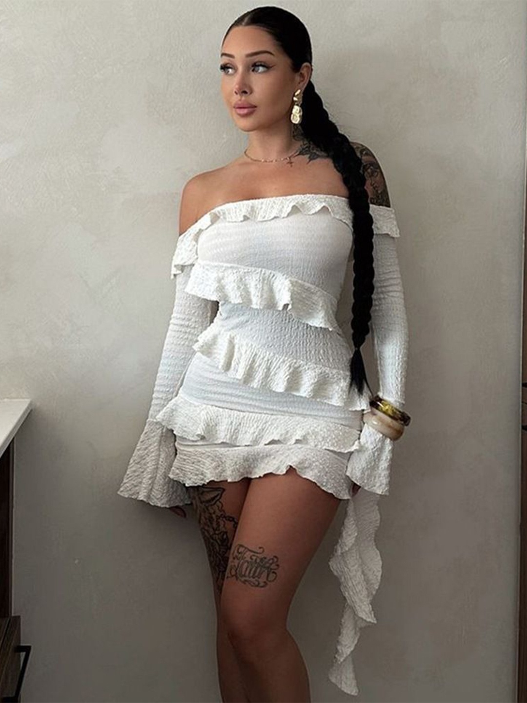 

StyleCast x Revolte Off-Shoulder Ruffled Bodycon Mini Dress, White