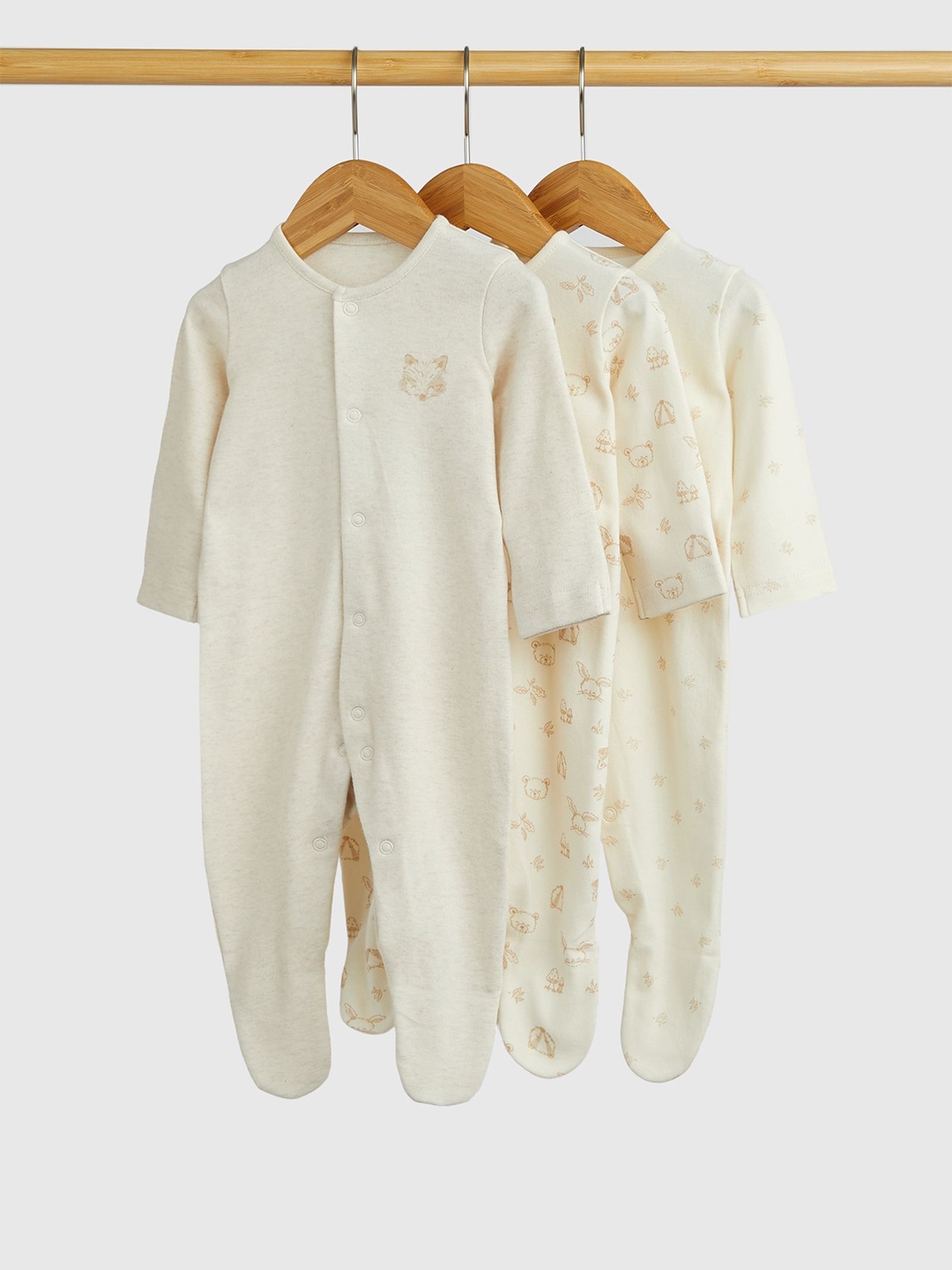 

mothercare Unisex Kids Cotton Pack of 3 Printed Sleepsuit, Cream