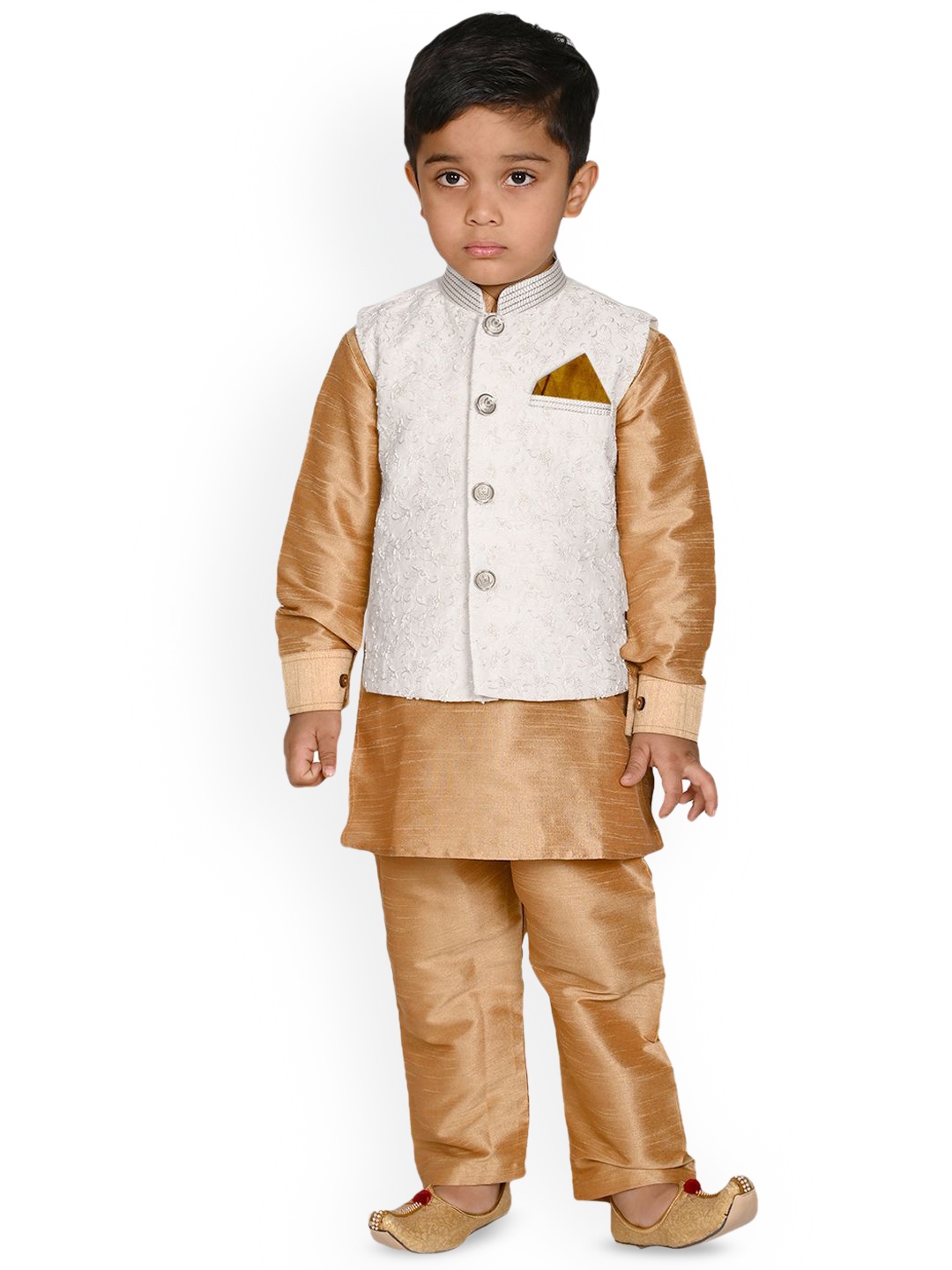 

Pehanaava Boys Mandarin Collar Kurta with Pyjamas & Waistcoat, Gold