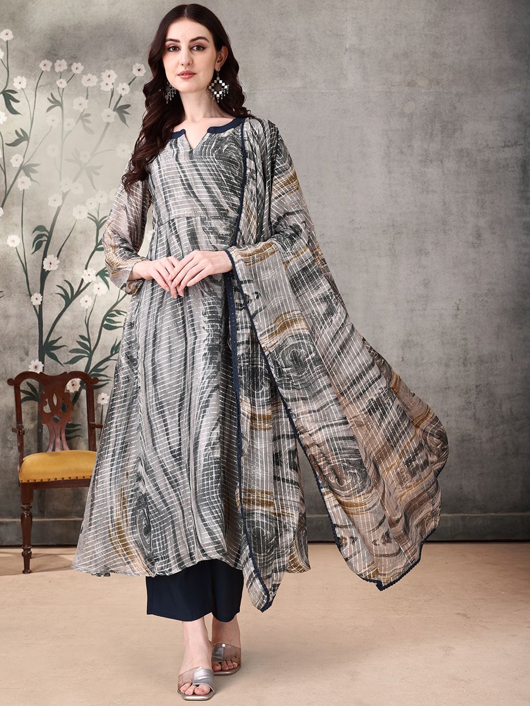 

KALINI Abstract Printed Regular Anarkali Kurta with Palazzos & Dupatta, Grey