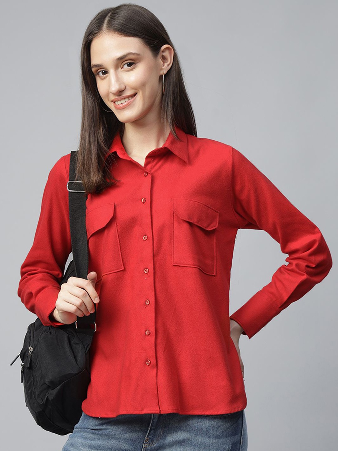 

Hancock Women Relaxed Fit Solid Flannel Twill Pure Cotton Casual Shirt, Red