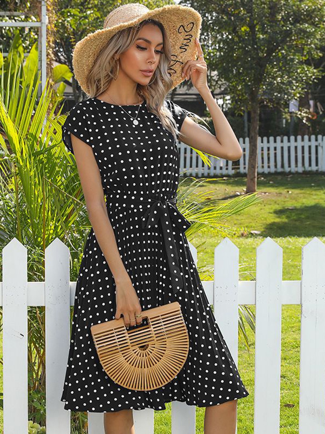 

StyleCast Polka Dot Printed Empire Dress, Black