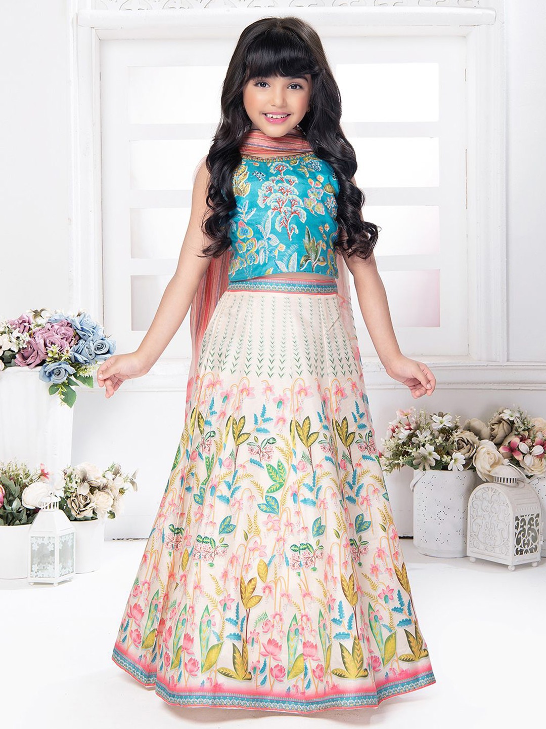 

Tiny Kingdom Girls Printed Beads and Stones Ready to Wear Lehenga & Blouse With Dupatta, Cream