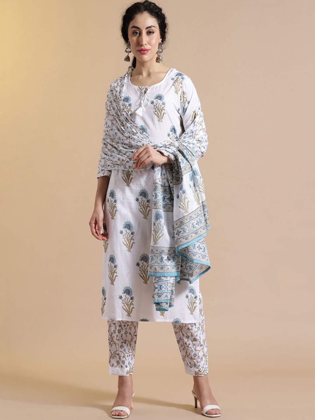 

STYLEBAAZI Women Pure Cotton Kurta with Trousers & With Dupatta, White